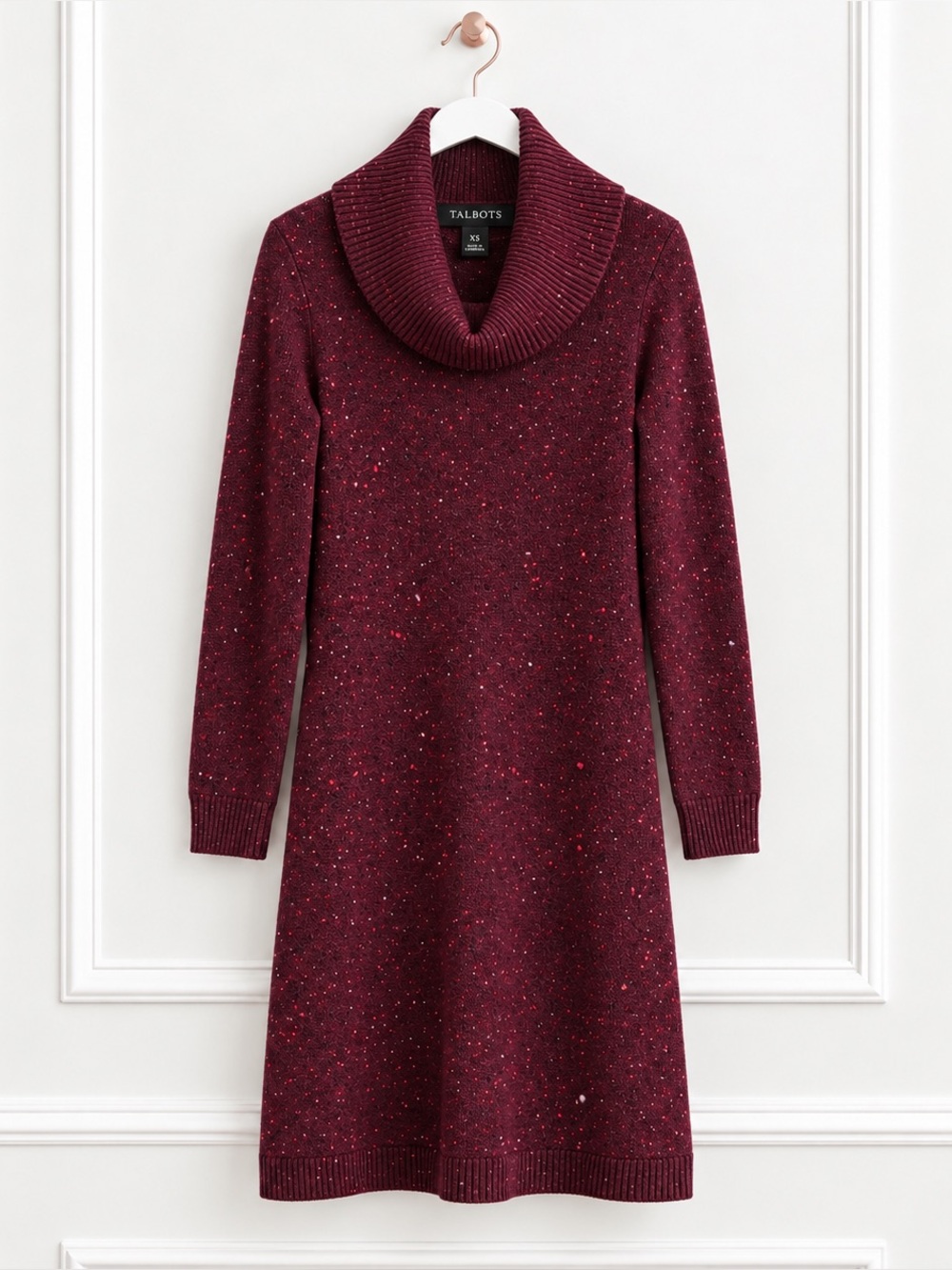NWT Talbots $149 XS Burgundy Cowl Neck Tweed Speckled Knit Sweater Dress Winter